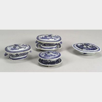 Four Small Covered Canton Porcelain Serving Dishes