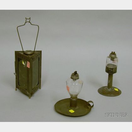 Tin Candlestick, Glass Lamp on Stand, and Make-do Glass and Tin Lamp. 