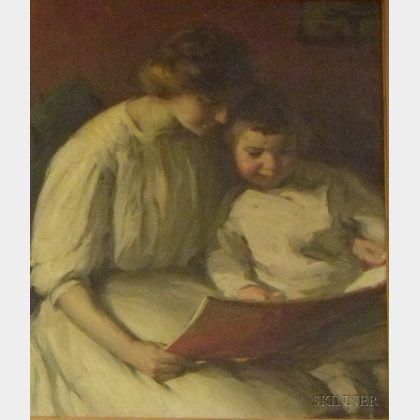 Framed American School Oil on Canvas Genre Scene with Woman and Child
