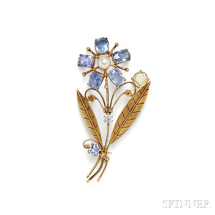 14kt Gold and Sapphire Flower Brooch, Tiffany & Co.