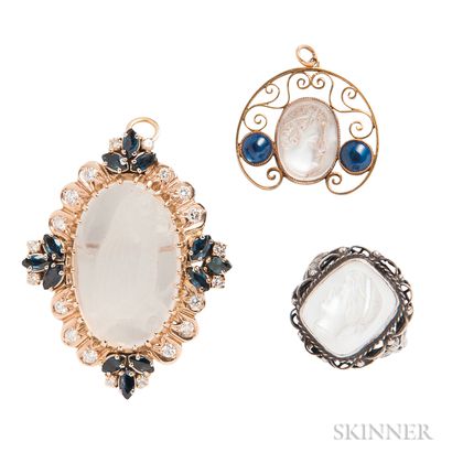 14kt Gold, Carved Moonstone, Diamond, and Sapphire Pendant/Brooch, a 14kt Gold Carved Pendant, and a Silver and Carved Moonstone Ring