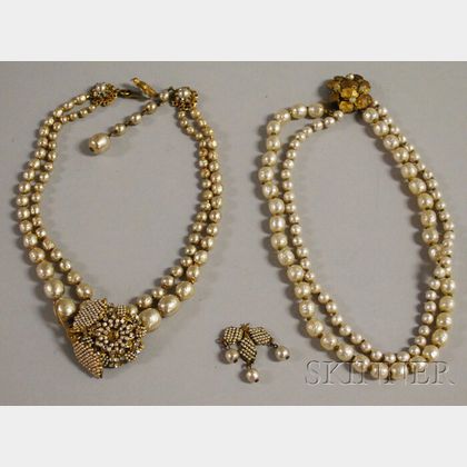 Two Vintage Miriam Haskell Faux Pearl Double-strand Chokers