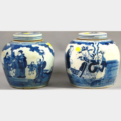 Two Chinese Blue and White Figural-decorated Porcelain Ginger Jars with Covers