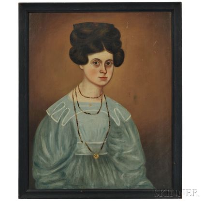 American School, Early 19th Century Portrait of Mrs. D.A. Baldwin in Blue Dress with White Trim
