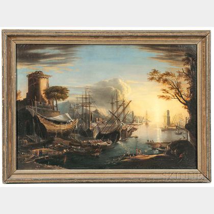 Manner of Claude Lorrain (French, 1600-1682) Harbor Scene with Setting Sun