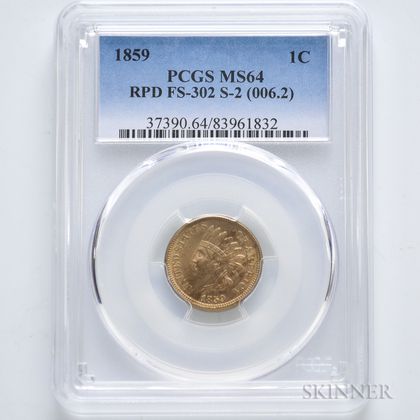1859 Indian Head Cent, Repunched Date, FS-302, Snow-2, PCGS MS64. Estimate $800-1,200
