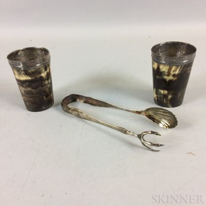 Two Silver-rimmed Horn Beakers and a Pair of Sterling Silver Tongs