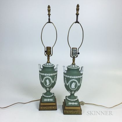 Pair of Modern Wedgwood Sage Jasper Urns Mounted as Lamps