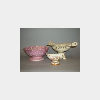 English Pink Lustre Fruit Bowl, Creamware Center Bowl and Royal Worcester Porcelain Bowl. 