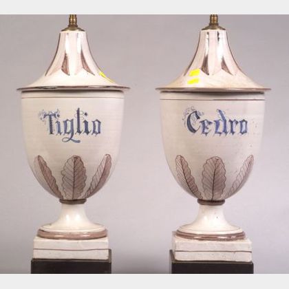 Pair of Tin Glazed Earthenware Apothecary Jar Lamp Bases
