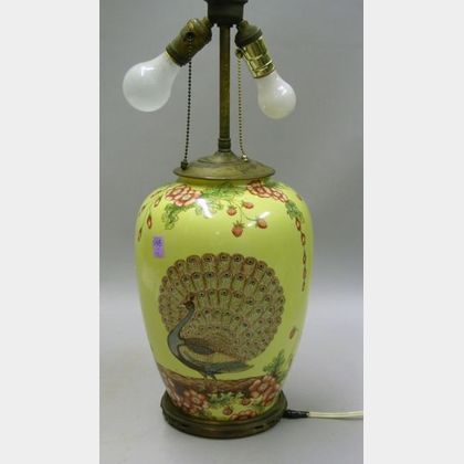Hand-painted Peacock and Floral Decorated Porcelain Table Lamp. 