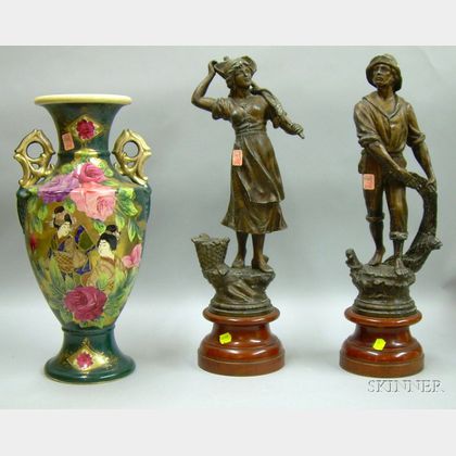 Pair of Patinated Cast Metal Fisherman and Woman Statues and a Japanese Satsuma Vase