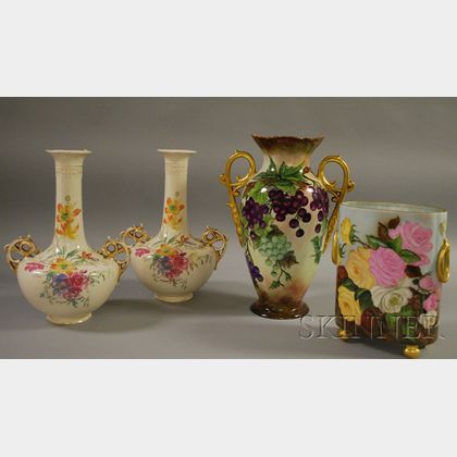 Pair of European Floral Transfer Decorated Pottery Vases and Two Gilt and Hand-painted Rose and Grapevine Decorated Porcelain Vases