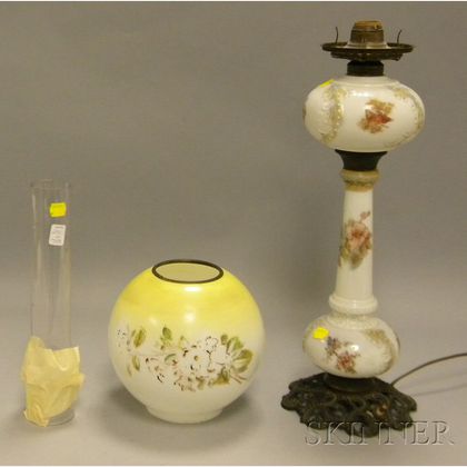 Late Victorian Floral Transfer Decorated Milk Glass Kerosene Lamp with Globe Shade