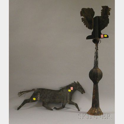 Cut Sheet Metal Running Horse and Rooster Weather Vanes. 