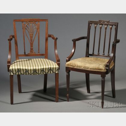 Two Federal Carved Mahogany Square-back Armchairs