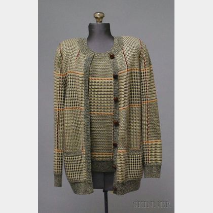 Bill Blass Herringbone Plaid Wool and Cashmere Sweater Set