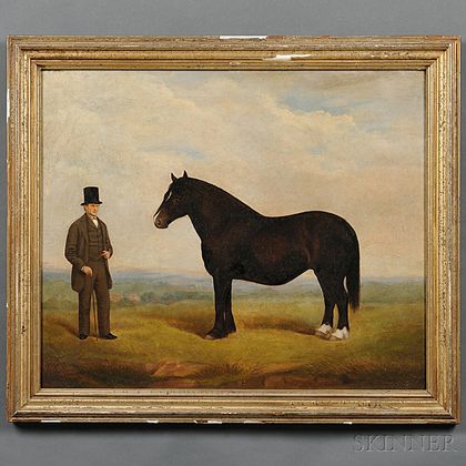 Anglo-American School, 19th Century Portrait of a Man In a Top Hat with His Horse.
