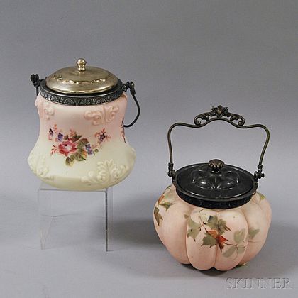 Two Victorian Floral-decorated Satin Glass Biscuit Jars