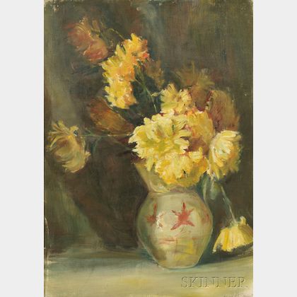 Anna S. Fisher (American, 1873-1942) Still Life with Yellow Flowers in a Ceramic Vase.