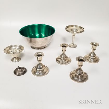 Seven Pieces of Weighted Sterling Silver and Silver-plated Tableware