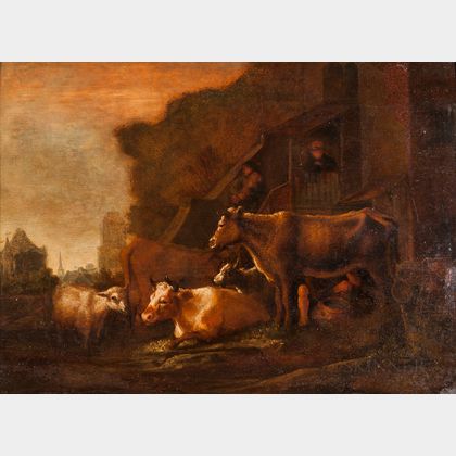 Dutch School, 17th Century Cows and a Sheep by a Barn at Dusk, Town in the Background