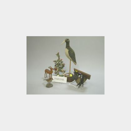 Fourteen Carved Wood Decoys and Figures, Book and Miniature Christmas Tree. 