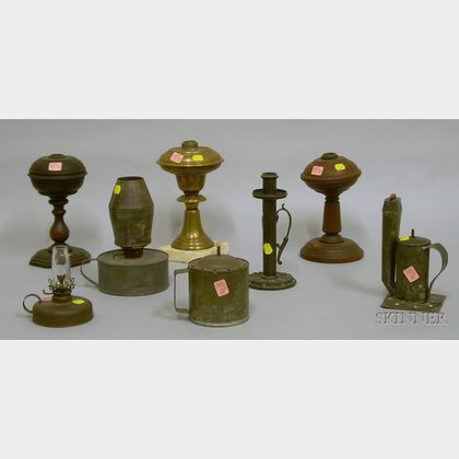 Nine Early Assorted Metal and Wood Lighting Devices