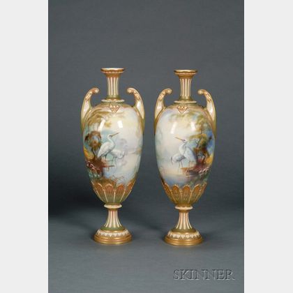 Pair of Royal Worcester Porcelain Handpainted Vases