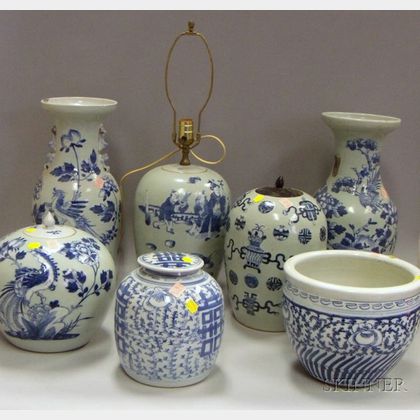 Seven Blue and White Asian Porcelain Items