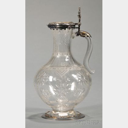 German Silver-mounted Cut and Etched Colorless Glass Ewer