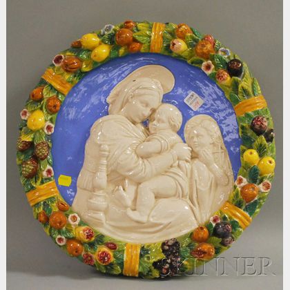 Della Robbia-type Glazed Ceramic Holy Family Plaque