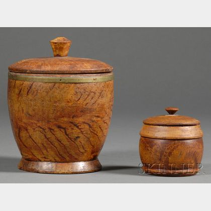 Two Turned and Painted Putty-decorated Covered Wooden Jars