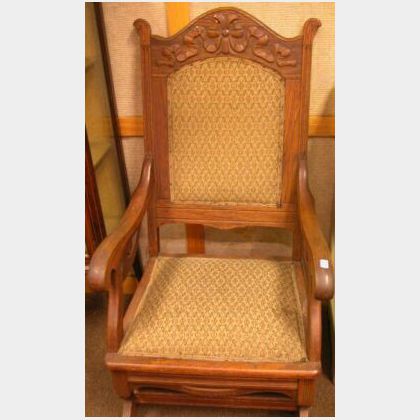 Victorian Upholstered Carved Oak Platform Rocker and Adjustable-back Morris Chair. 