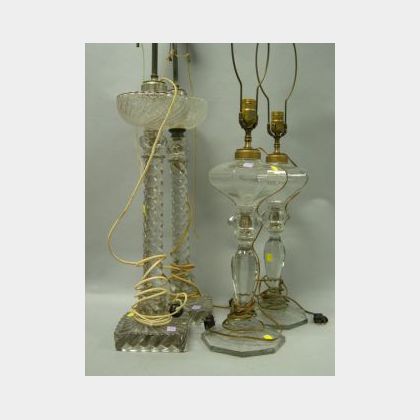 Two Pairs of Large Colorless Glass Oil Table Lamps