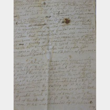1754 Guilford Justice of the Peace Document Related to the Theft of a Pockit Book. 