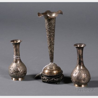 Three Chinese Export Silver Bud Vases