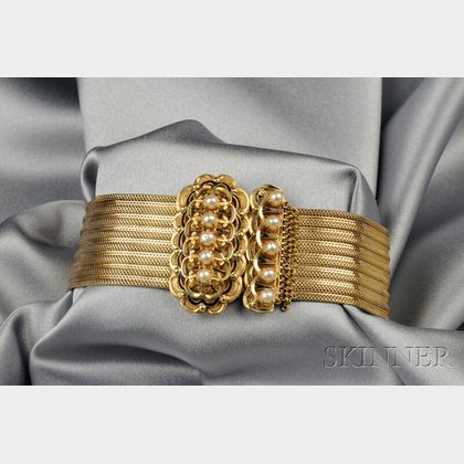 Victorian 14kt Gold, Cultured Pearl, and Enamel Slide Bracelet