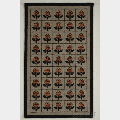 Art Deco Wool Repeating Floral Squares Pattern Hooked Rug