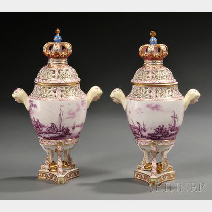 Pair of Thieme Porcelain Potpourri Vases and Covers