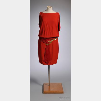 Bill Blass Asymmetrical Red Cocktail Dress with Beaded Belt Design at Waist