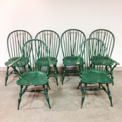 Six Green-painted L.E. Partridge Braced-back Windsor Chairs