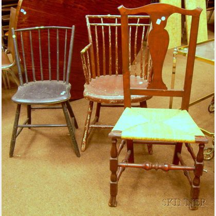Chippendale Maple Side Chair with Turned Legs and Spanish Feet, a Red-painted Windsor Birdcage Armchair, and Bl... 
