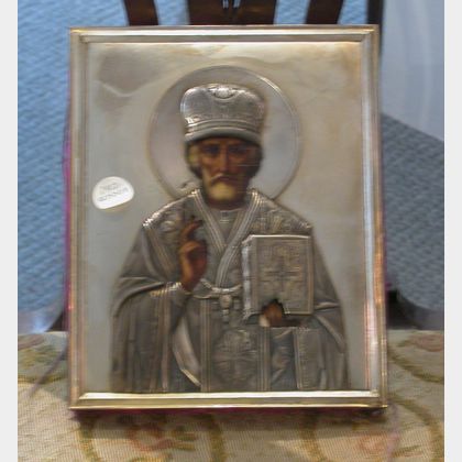 Russian Icon of a Bishop Saint with Goldwashed Silver Riza, riza hallmarked 1908-17, 8 3/4 x 7 in. 