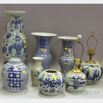 Eight Blue and White Asian Porcelain Items