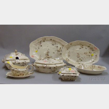 Set of Eight Doulton Brown and White Transfer Aesthetic Decorated Ceramic Dinner Serving Pieces. 