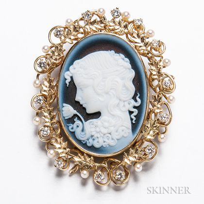 14kt Gold, Pearl, and Diamond Cameo Brooch