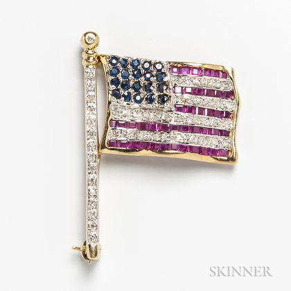 14kt Gold, Ruby, Diamond, and Sapphire American Flag Brooch