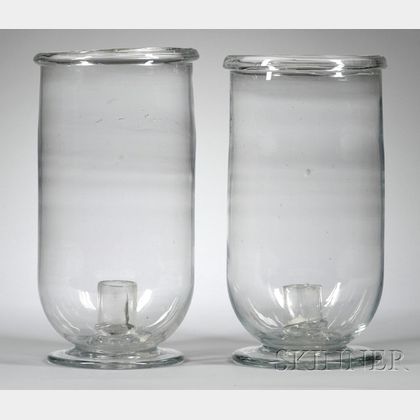 Pair of Large Colorless Blown Glass Hurricane Candleholders
