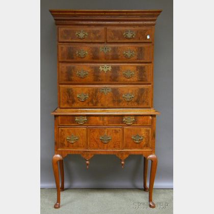 Queen Anne Walnut and Burl Veneer Flat-top High Chest of Drawers